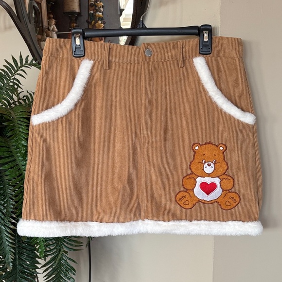 Care Bears Dresses & Skirts - Brand New SHEIN X Care Bears Embroidered Tan Corduroy Mini Skirt Faux Fur Trim